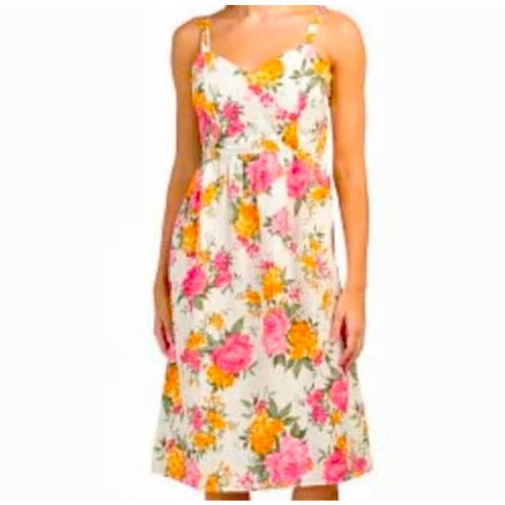 Cynthia Rowley Preppy Floral 100% Linen Sleeveless Coquette V-Neck Dress Size 6
